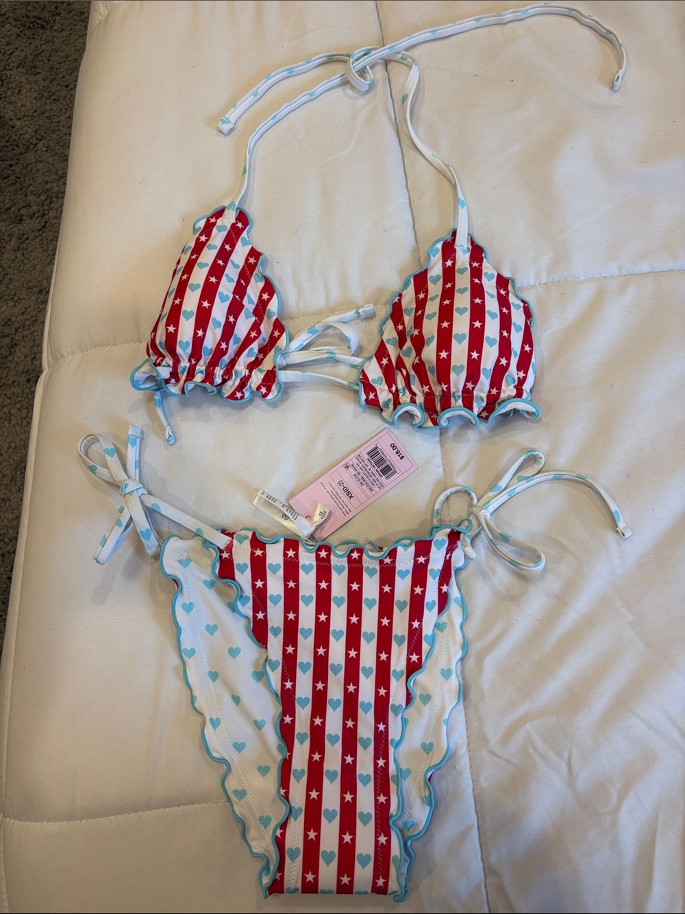 Red & White Star-Striped Bikini with Aqua Trim Revers-able